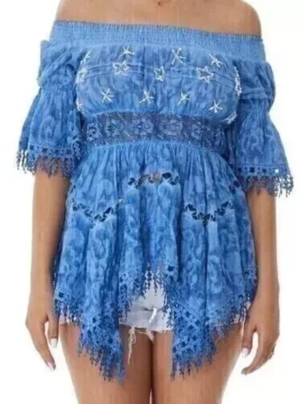 Ranee's Blue Off Shoulder Top Bell Sleeve